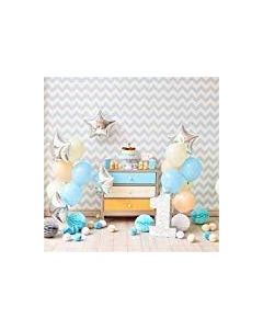 CSFOTO Polyester 5x5ft Happy 1st Birthday Backdrop for Boys Balloons White and Blue Stripe First Birthday Party Background Cake Smash Banner Kid Baby Bday Photo Background